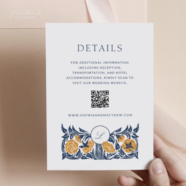 Informações Cartão de Detalhes do Monograma de Arte Floral Nou (Floral Art Nouveau Monogram Wedding Details Card with QR code)