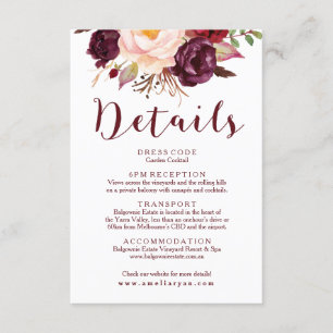 Informações Cartão de detalhes floral do casamento de Borgonh