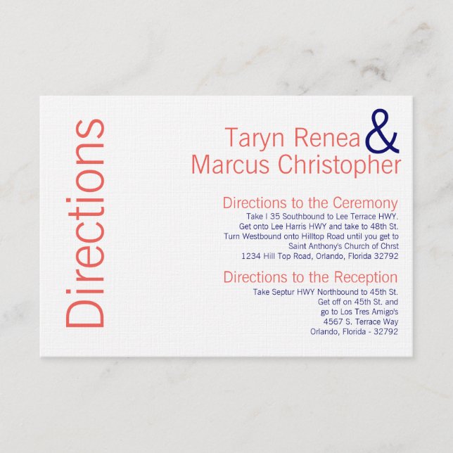 Informações Cartão de Direção 3x5 Marinho Coral Azul Nome Chev (Frente)