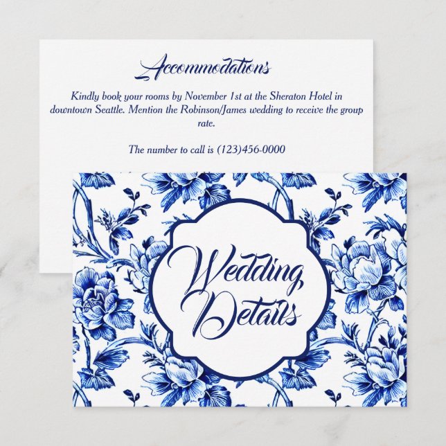 Informações Cartão de Enclausura de Casamento Floral Azul e Br (Frente/Verso)