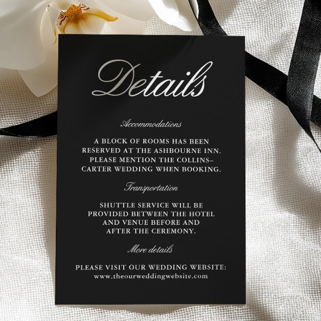 Informações Cartão de Enclausura de Casamento Preto e Branco E (Elegant Black & White Wedding Enclosure Card)