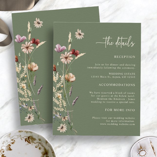 Informações Cartão de Envio de Casamento com Flores Silvestres (Sage Green Boho Wildflowers The Details Wedding Enclosure Card by Painted Paperie)