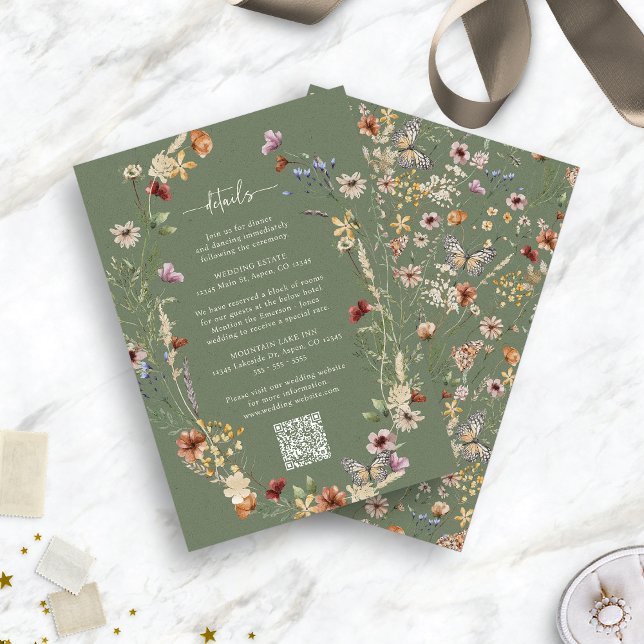 Informações Cartão de Envio de Flores Silvestres Rústicas Boho (Sage Green Rustic Boho Wildflower Enclosure Card QR Code by Painted Paperie
)