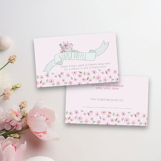 Informações Cartão de Envio de Sorteio de Fraldas com Pássaro  (Diaper Raffle Tickets from my Little Bunny & Balloon Baby Shower collection)