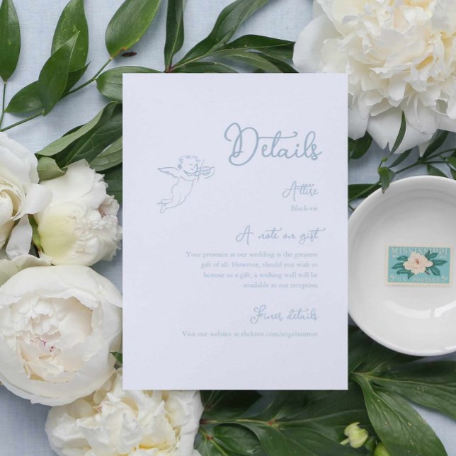 Informações Cartão de Gabinete com Detalhes do Azul Dusty Whim (dusty blue hand drawn cherub wedding details card, blue wedding enclosure card whimsical artsy)