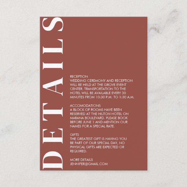 Informações Cartão de Gabinete de Detalhes de Casamento de Cas (Frente)