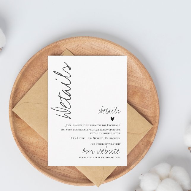 Informações Cartão de Gabinete de Detalhes de Casamento do Scr (Classy Script Wedding Details Enclosure Card | Modern Black White Wedding Insert)