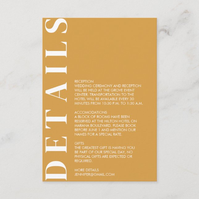 Informações Cartão de Gabinete de Detalhes do Casamento Amarel (Frente)