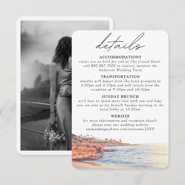 Informações Cartão de Gabinete de Detalhes do Casamento La Jol (Frente/Verso)