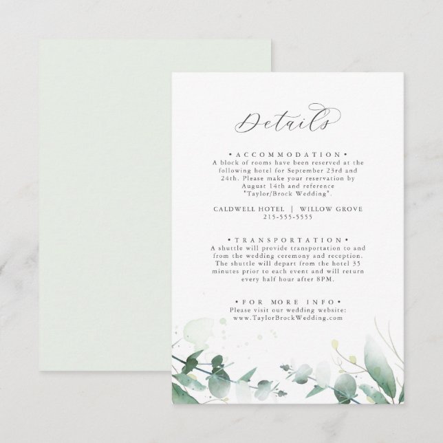 Informações Cartão de Gabinete de Detalhes do Casamento Verde  (Frente/Verso)