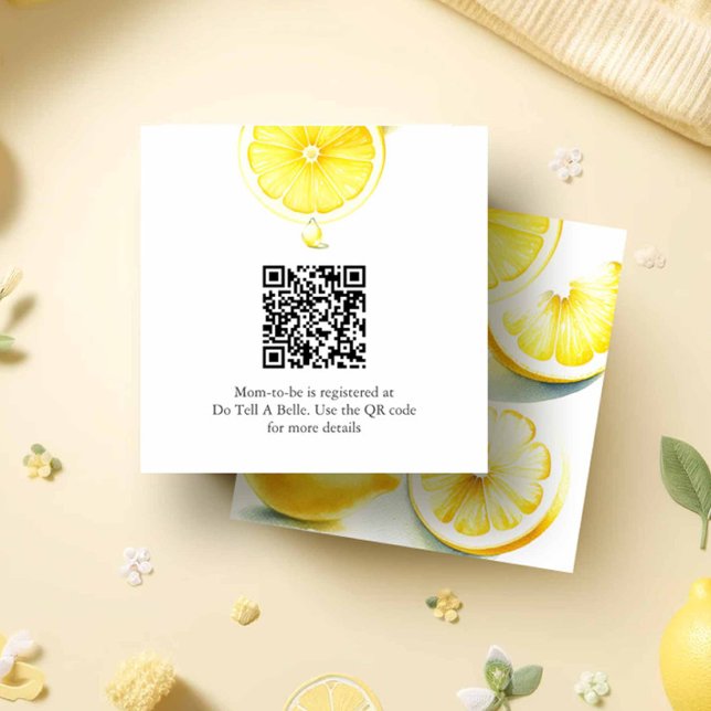 Informações Cartão de gabinete do Registro de Chá de fraldas d (lemon baby shower invitation insert card with QR code watercolor citrus in shades of yellow.)
