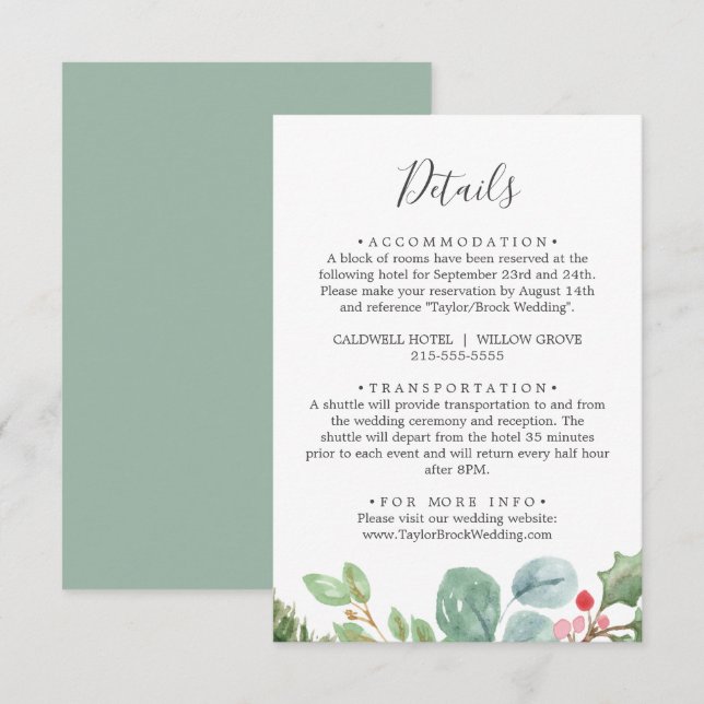 Informações Cartão de Gabinete para Detalhes do Natal Greenery (Frente/Verso)