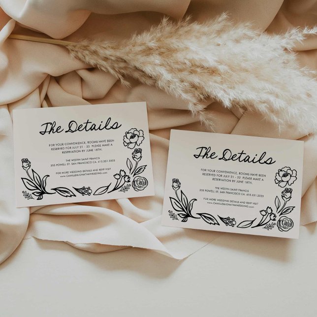 Informações Cartão de Gabinete Simples Floral para Detalhes de (Whimsical Hand Drawn Floral Wedding Details Card)