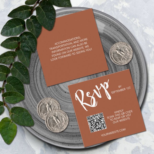 Informações Cartão de gabinete Terracotta de código QR de casa (Wedding QR code small 2.5" x 2.5" terracotta RSVP cards)