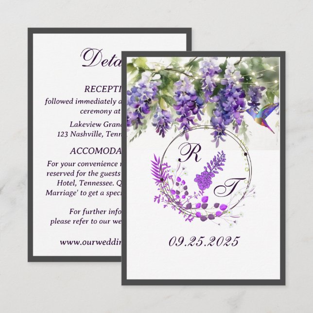 Informações Cartão de Invólucro de Casamento de Púrpura Wister (Frente/Verso)