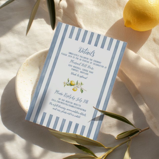 Informações Cartão de Invólucro Floral La Dolce Vita Lemon (Italian-themed details card with lemons and floral accents. Perfect for a citrus-themed wedding.)