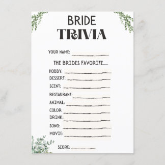 Informações Cartão de Jogo de Trivia para Chá de Noiva