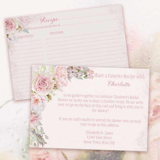 Informações Cartão de Receita para Chá de Noiva de Rosas Rosas (Pink Roses Bridal Shower Recipe Enclosure Cards. 
Invite the Guests to share a favorite recipe.)