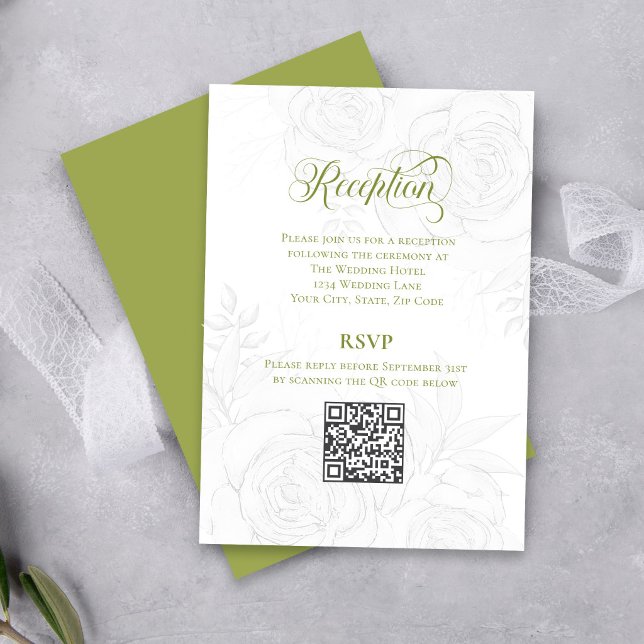 Informações Cartão de Recepção de Casamento com Código QR e Ro (Elegant greenery script wedding reception card with QR code RSVP and soft floral sketch design)