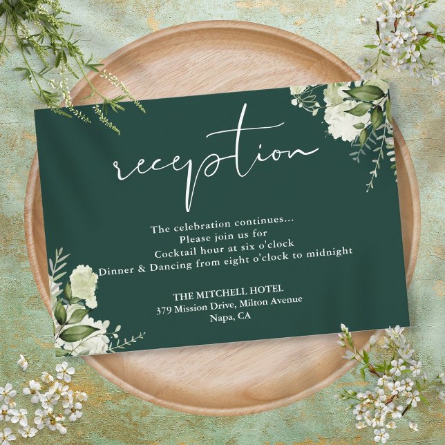 Informações Cartão de Recepção de Casamento em Verde Esmeralda (Emerald Green Floral Script Wedding Reception Enclosure Card)