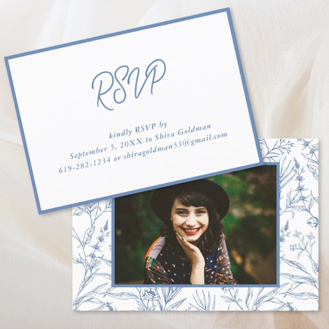 Informações Cartão de Resposta de Bat Mitzvah Floral Francês A (Elegant Blue French Floral Bat Mitzvah RSVP Card
)