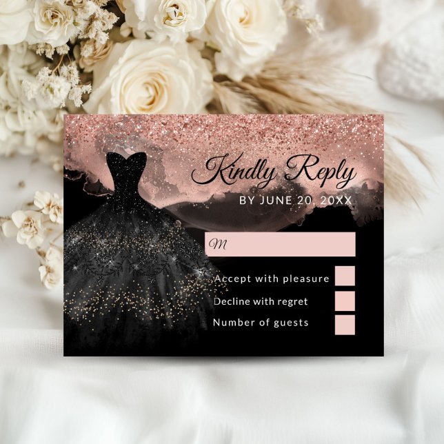 Informações Cartão de Resposta para Festa de 15 Anos Rosa Dour (Rose Gold and Black Princess Quinceañera RSVP Cards)