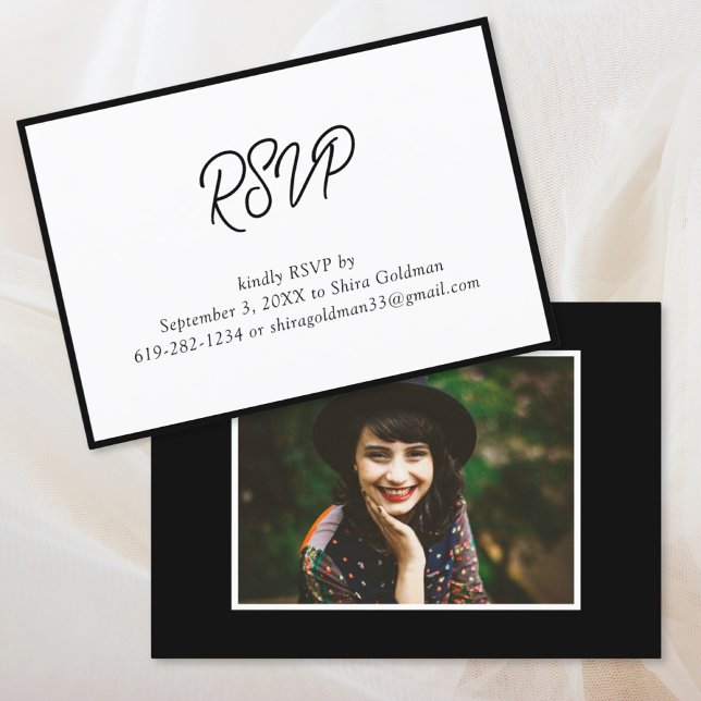 Informações Cartão de RSVP de Foto de Bat Mitzvah Preto e Bran (Elegant Black & White Bat Mitzvah Photo RSVP Card
)