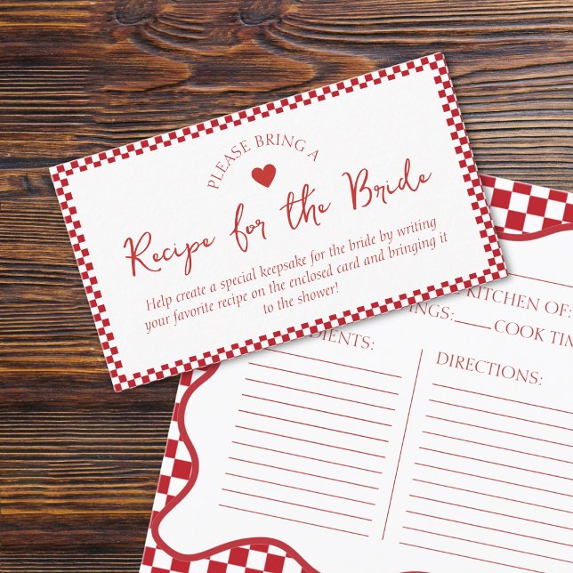 Informações Cartão de Solicitação de Receita para Mais Chá de  (Invite guests to share their favorite recipes with this adorable, red-checkered bridal shower card.)