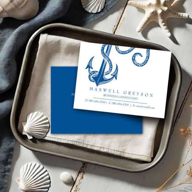Informações Cartão de Visita de Âncora Náutica Azul (Business cards dark blue anchor coastal small business theme)
