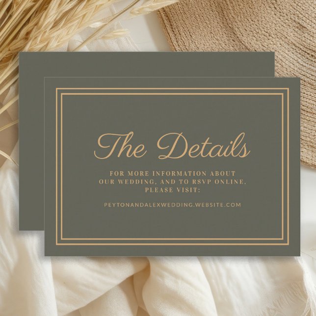 Informações Cartão de Visita de Detalhes do Casamento Verde Ol (Dark olive/sage green and gold wedding details card )