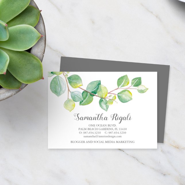 Informações Cartão de visita de Eucalyptus Verde (Business card botanical eucalyptus leaves watercolor art by Victoria Grigaliunas)