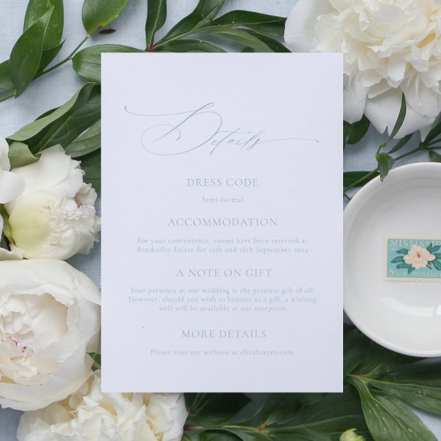 Informações Cartão Detalhado de Caligrafia Azul Elegante (dusty blue wedding details card, elegant wedding enclosure card, dainty wedding calligraphy)