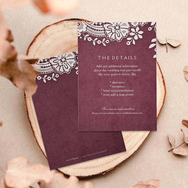 Informações Cartão detalhado de casamento ruidoso com rendas v (Burgundy vintage lace rustic weddng details card)