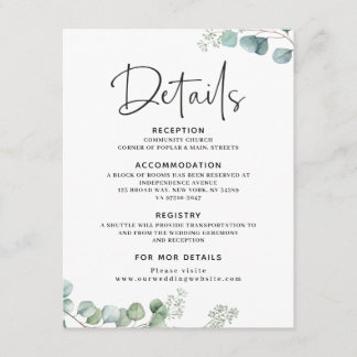 Informações Cartão Eucalyptus de detalhes do casamento