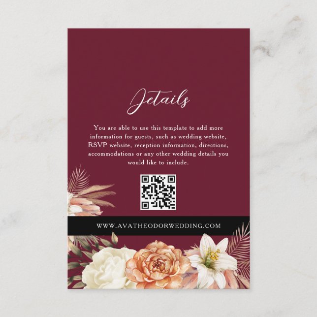 Informações Cartão QR de Detalhes do Casamento Negro Burgundy (Frente)