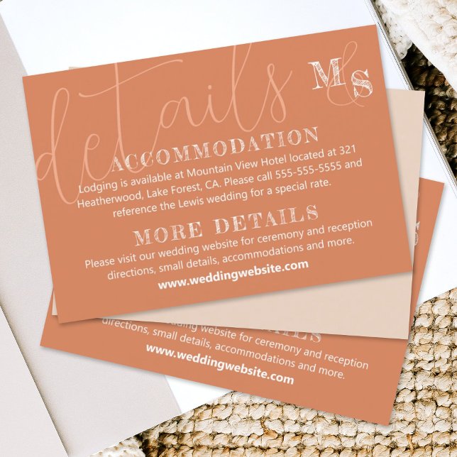 Informações Cartão RSVP de Casamento de Caligrafia Branca Terr (natural sienna beige terracotta rust wedding details enclosure card elegant script calligraphy)