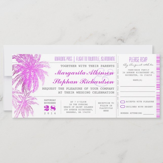 ingressos de casamento de praia púrpura - cartão d (Frente)
