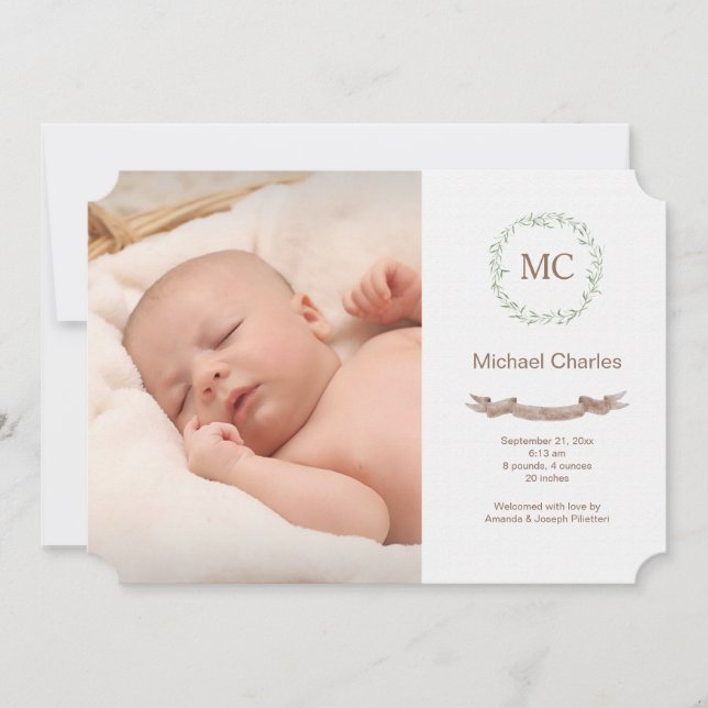 Iniciais Botânicas Anúncio de Nascimento Fotográfi (Frente)