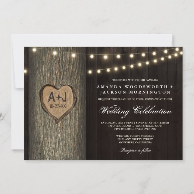 Iniciais Gravados Convites De Casamento De Árvore  (Frente)