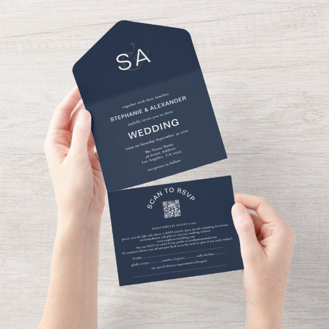 Iniciais Minimalistas Marinho Azul de Código QR (Aba destacável)