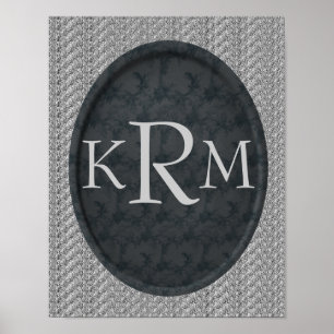 Iniciais Monogramas Poster Floral Preto