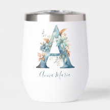 Inicial de Monograma A Azul Floral Aquarela Presen
