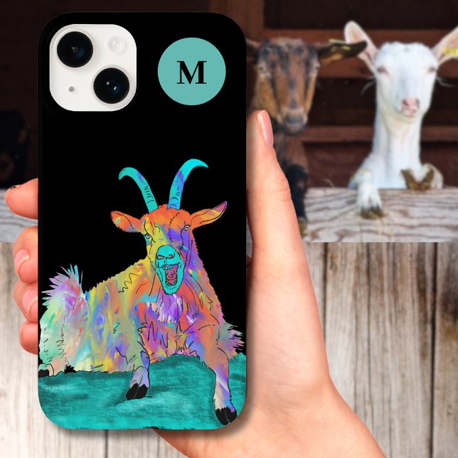 Inicial do Monograma de Cabra Gritando Divertida  (Funny screaming goat colorful farm animal illustration with monogram initial custom iPhone case)