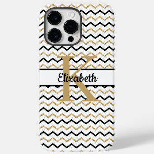 Inicial do Nome Monograma Preto Dourado Chevron Zi