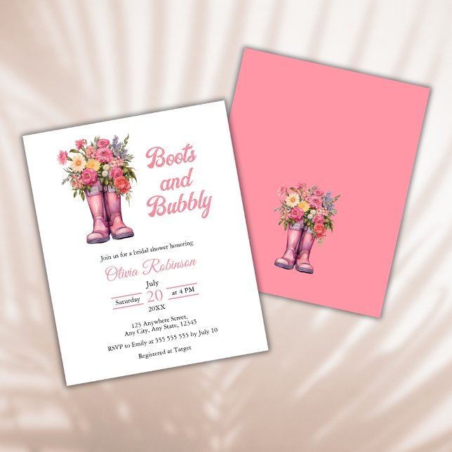 Inicializações de Orçamento e Convite de Chá de pa (Budget Boots & Bubbly Western Cowgirl Pink Bridal Shower Invitation    )