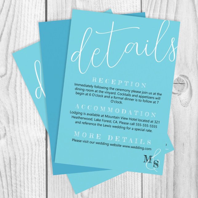 Inserção de Detalhes de Casamento em Turquesa e Br (elegant simple cyan turquoise wedding details enclosure card, calligraphy script)