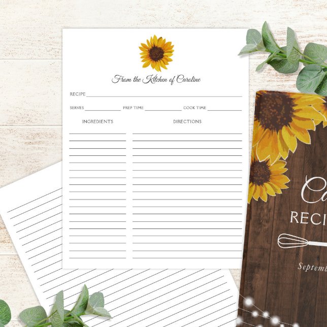 Inserto de fichário de receitas rústicas de girass (Sunflowers Recipe Sheet for Binder Cookbook)