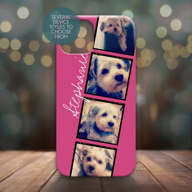 Instagram Photo Display - 4 fotos com nome rosa (Personalized Phone Case with 4 Photos and Custom Text - Pick Your Device Style)