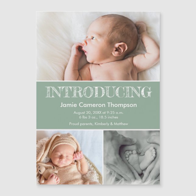 Introducing baby photos green birth announcement (Frente)