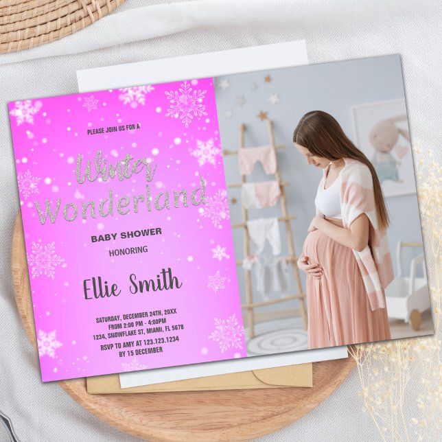 Inverno Bebê Convites Foto Rosa Ouro (Winter Baby Shower Invitations Golden Pink Photo)